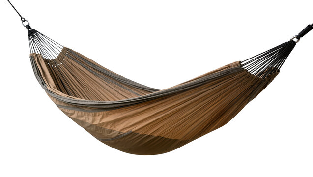 Brown and grey camping hammock with black suspension ropes, isolated on transparent background