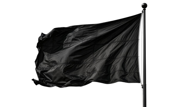 Black flag waving on a pole, isolated on transparent background