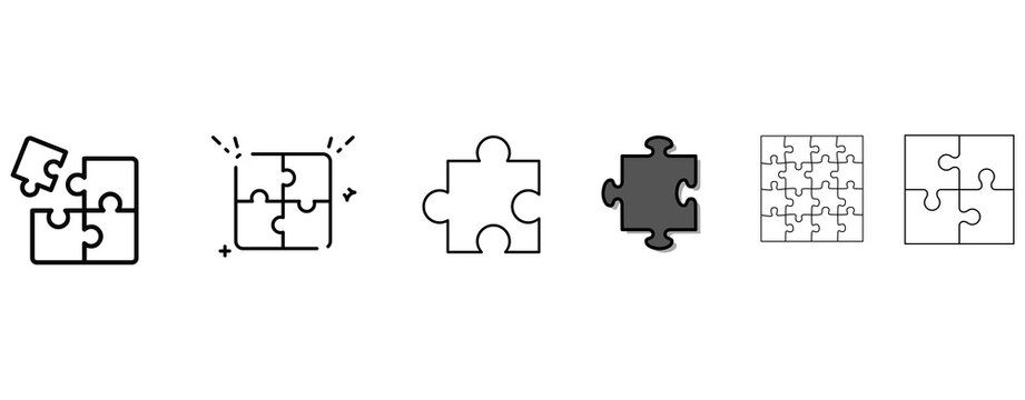 Five puzzle pieces icon set showing completion and connection stages