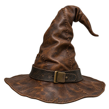  worn, brown leather witch hat with visible stitching and a buckle on the band, featuring a tall, bent, and pointed tip.