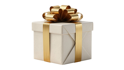 Obraz premium Square cream gift box with gold ribbon and bow, isolated on transparent background