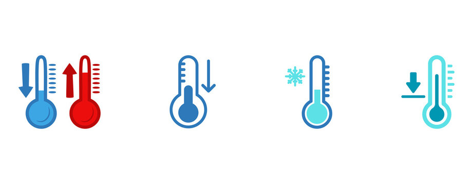 Four weather thermometer icons showing temperature changes with snowflake