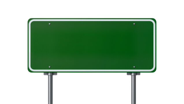 Blank green rectangular road sign with white border, isolated on transparent background