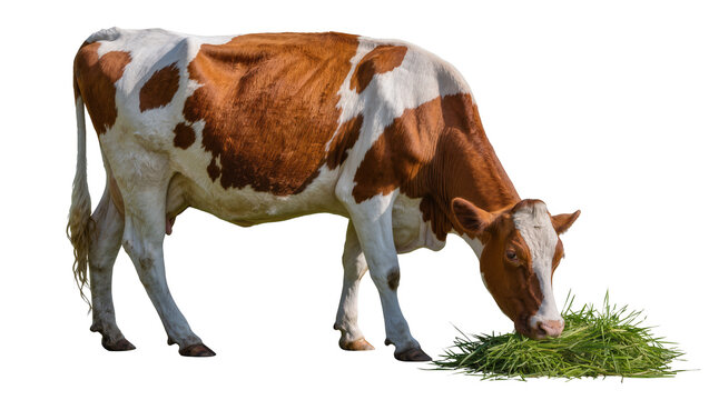 Brown and white cow grazing on fresh green grass, isolated on transparent background