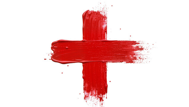 Thick red paint brush stroke forming a plus sign, isolated on transparent background
