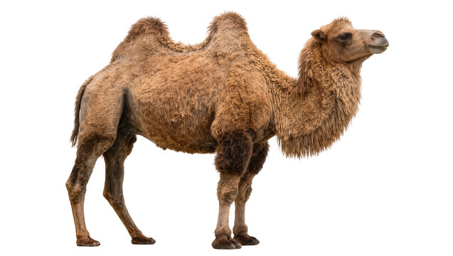 Bactrian camel with two humps brown fur, isolated on transparent background