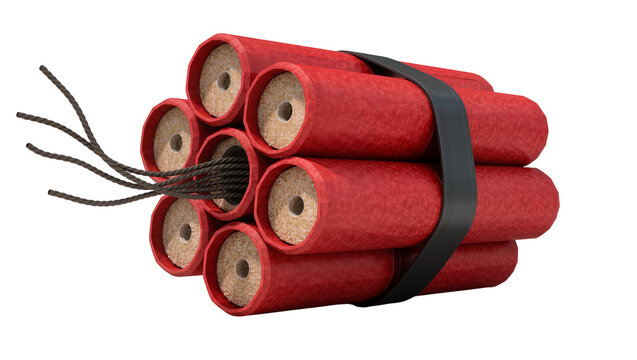 Bundle of red dynamite sticks with black fuse, isolated on transparent background