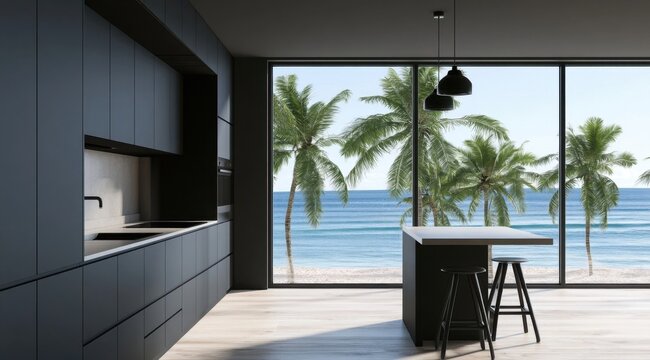 Contemporary kitchen with black cabinetry overlooking a tropical beach through large windows