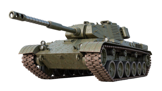 Olive green military tank with large cannon, isolated on transparent background