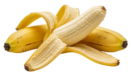 Yellow ripe bananas one partially peeled, isolated on transparent background © Maria