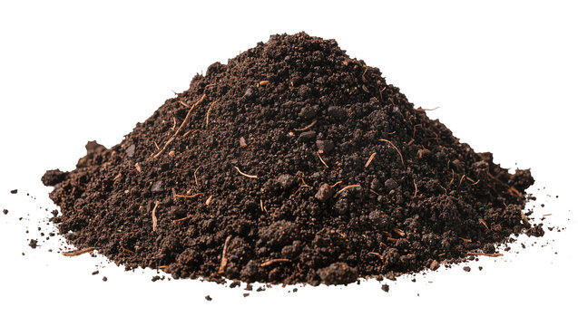 Pile of dark rich soil with visible roots, isolated on transparent background