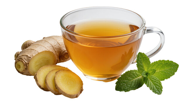 Clear glass cup of amber ginger tea with sliced ginger root and mint leaves, isolated on transparent background