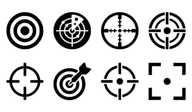 Aim Targeting Filled Icon Set with Radar and Crosshair Vector