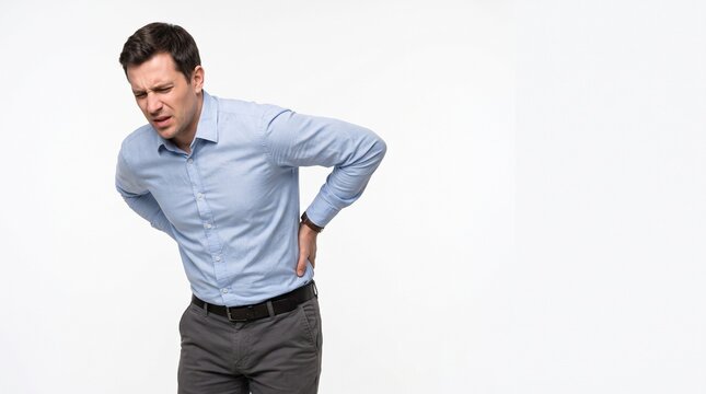 Young man suffering from severe lower back pain, grimacing in discomfort, isolated on white background