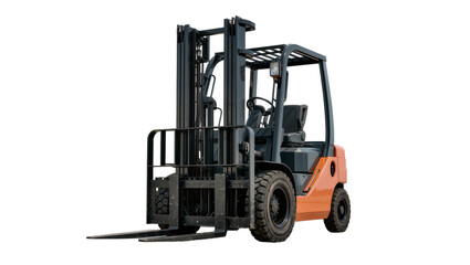 Orange and black industrial forklift truck with metal forks, isolated on transparent background © Maria