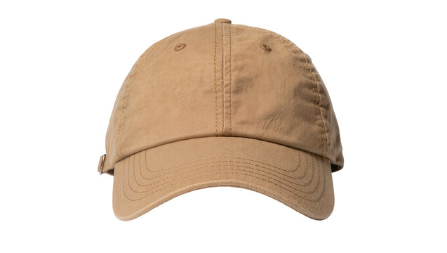 Tan baseball cap with adjustable strap, isolated on transparent background