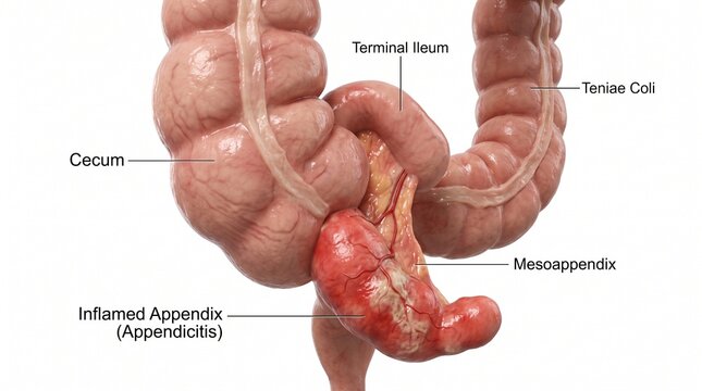 Medical illustration of an inflamed appendix with labels showing appendicitis, cecum, terminal ileum, and mesoappendix on a white background.