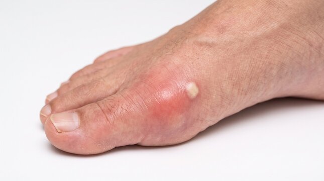 Close-up of a human foot with an acute gout attack, showing a red, swollen joint and a tophus on the big toe