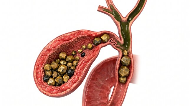 Cross-section medical illustration of a human gallbladder containing gallstones, illustrating biliary duct blockage and cholelithiasis.