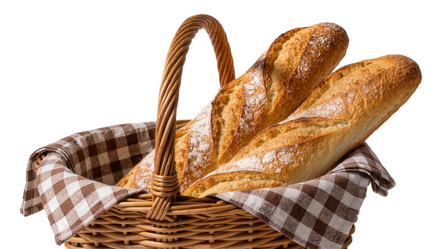 Two golden brown baguettes with flour dusting in a wicker basket with checkered cloth, isolated on transparent background