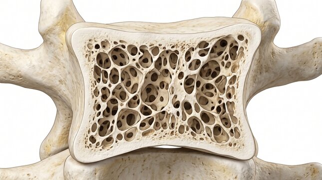 Medical illustration of a human vertebra cross-section showing healthy trabecular bone structure and spongy bone matrix