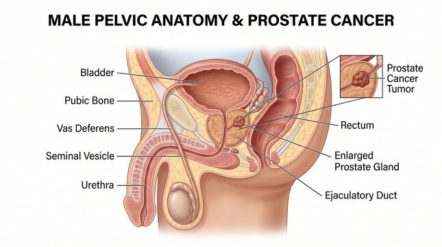 Detailed Medical Illustration of Male Pelvic Anatomy and Prostate Cancer Tumor