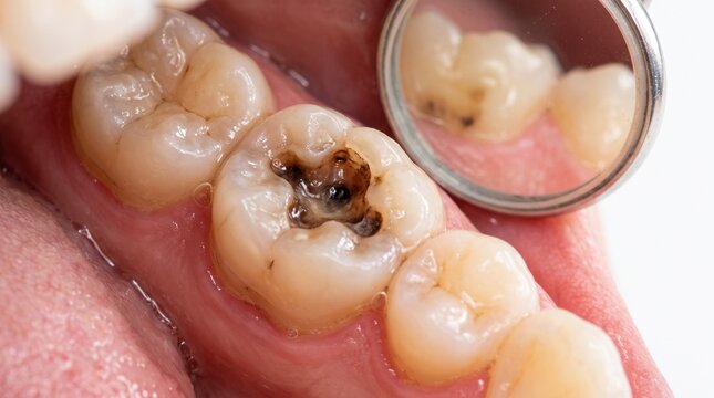 Close-up of a human molar tooth with a large cavity and dental mirror reflection