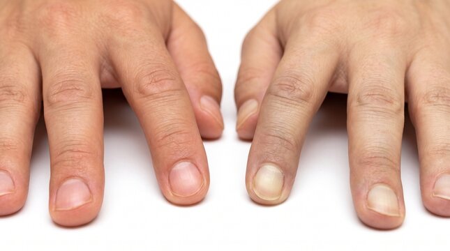 Close-up of human hands showing symptoms of Raynaud's phenomenon, with one finger appearing pale and discolored due to restricted blood flow.