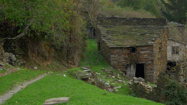 Old stone house surrounded by grass and vegetation in Santoalla do Monte, Galicia, Spain, illustrating rural abandonment, depopulation and nature slowly reclaiming the settlement.