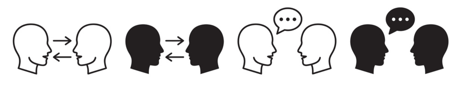 Interpersonal communication icon collection in black and white linear style representing dialogue, feedback, speech, networking, and social interaction.