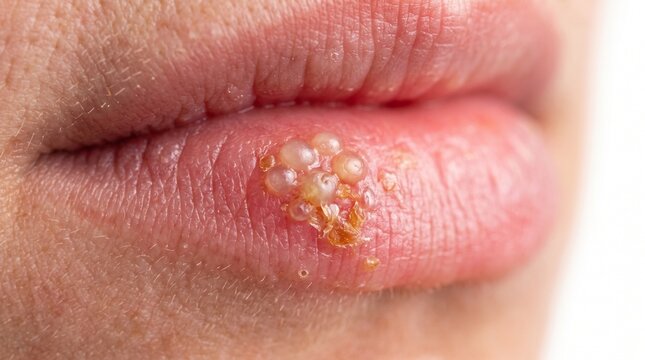 Close-up of Herpes Simplex Virus Outbreak on Human Lips with Clusters of Fluid-filled Blisters