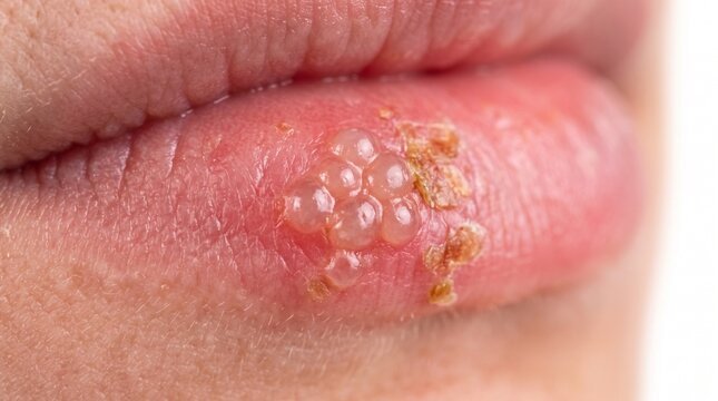 Extreme close-up of a cold sore blister on a human lip, herpes labialis infection