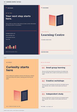 Learning Centre bi fold brochure template with illustrated outside and inside spreads editable sample content and contact details for promotional print layouts