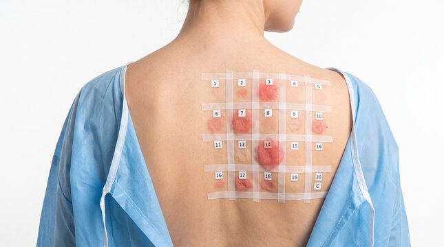 Close-up of an allergy patch test on a patient's back showing positive skin reactions to various allergens in a clinical setting.