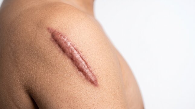 Close-up of a large raised keloid scar on a man's shoulder, medical dermatology condition
