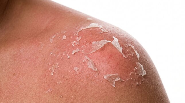 Close-up of sunburnt skin peeling on a person's shoulder due to UV damage
