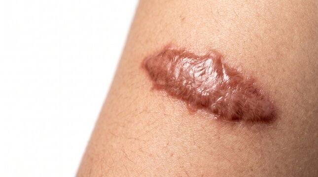 Detailed macro view of a large keloid scar on human skin, showing texture and raised tissue.