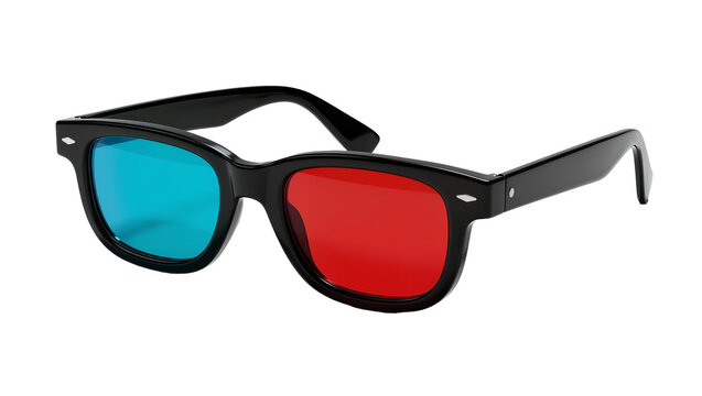 Black plastic 3D glasses with red and cyan lenses, isolated on transparent background