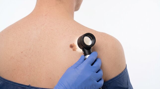 Dermatologist examining a mole on a patient's back with a dermatoscope for skin cancer screening