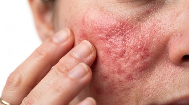Close-up of a person's face showing severe rosacea and skin inflammation on the cheek