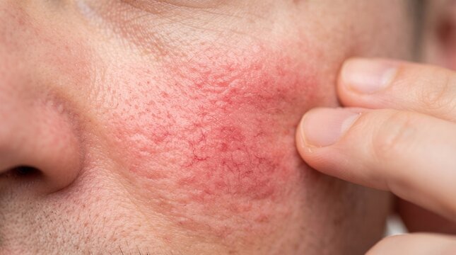 Close-up of a man's face showing rosacea skin condition with redness and visible capillaries on the cheek