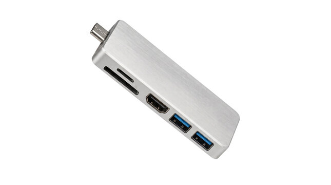 Modern silver multi-port USB-C adapter hub with HDMI and card reader slots isolated on white