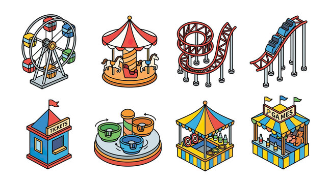 Amusement Park Rides and Games Collection Isometric Icons