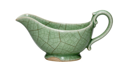 Green celadon ceramic gravy boat with crackle glaze, isolated on transparent background