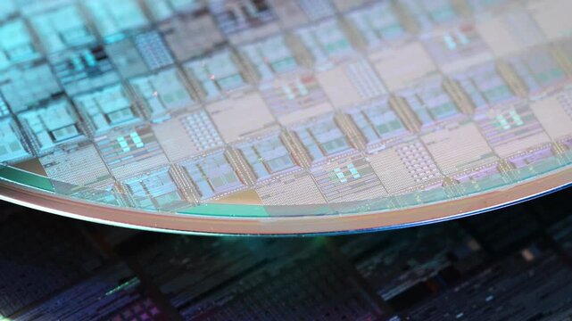 wafer silicon monocrystalline  with microchips after photolithography etching manufacturing reflecting different colors used in fabrication of electronic integrated circuits.