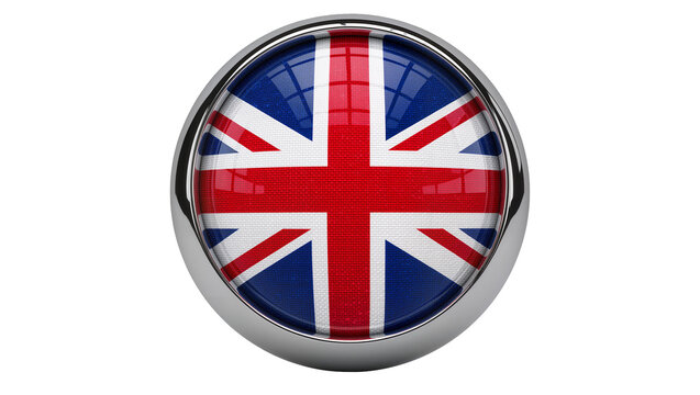 Glossy United Kingdom flag badge with chrome rim, isolated on transparent background