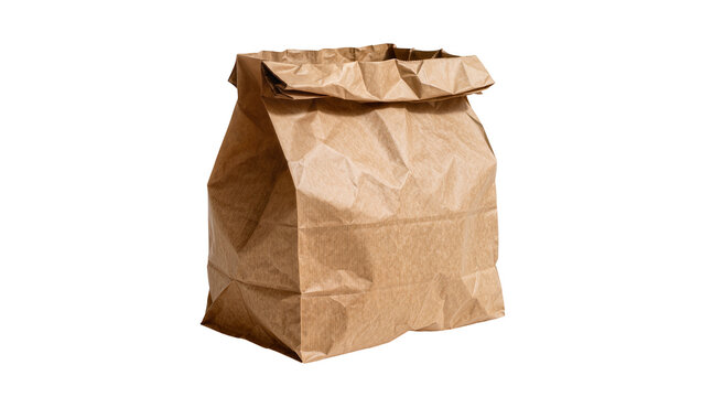Crinkled brown paper lunch bag crumpled and empty, isolated on transparent background