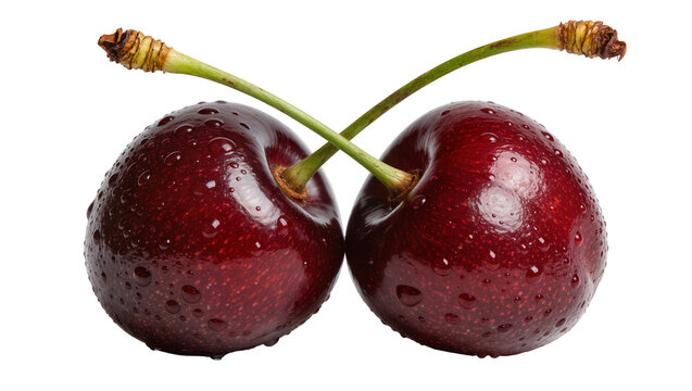 Two ripe dark red cherries with water droplets, isolated on transparent background
