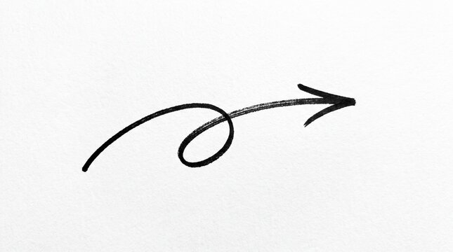 Black hand-drawn arrow with circular swirl pointing right on textured white background
