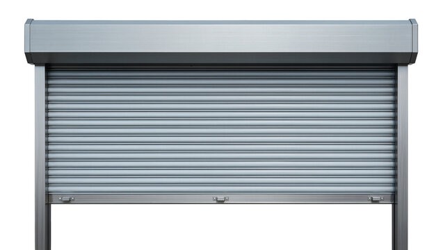 Metallic roller shutter door with horizontal slats, isolated on transparent background